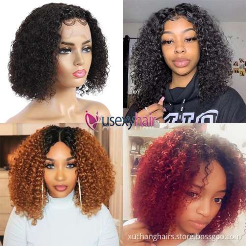 Usexy transparent lace wigs pre-plucked bob lace frontal pixie curls wigs kinky curly brazilian ombre colored bob human hair Wig
